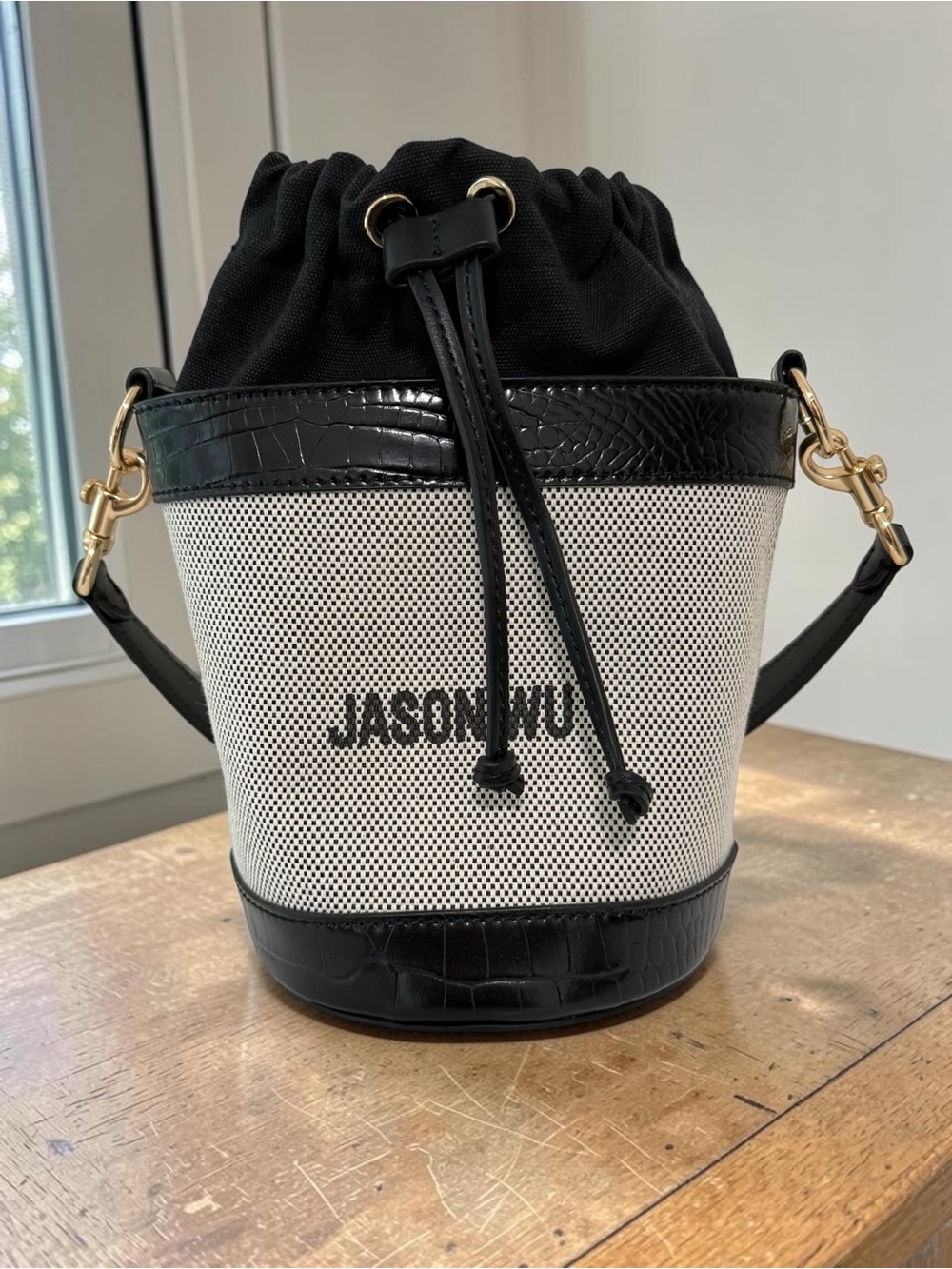 Jason Wu  Textured Canvas Leather Crocodile Trim Bucket Bag